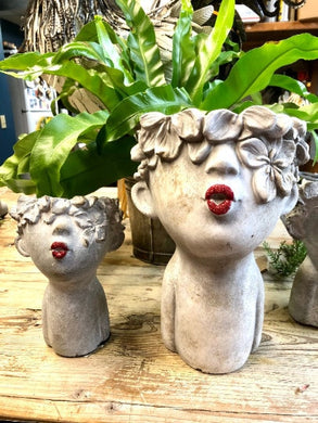 Small Kissing Women cement succulent planter with red glitter lips