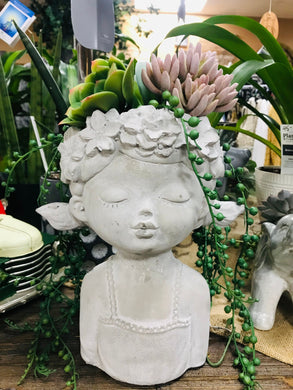 Rustic Flower Crowned Girl Cement Garden Planter for Flowers Succulents and Other Small Plants,