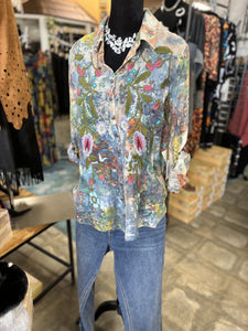 Aratta Floral Accent bluewash embroidered Blouse Shirt