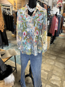 Aratta Floral Accent bluewash embroidered Blouse Shirt