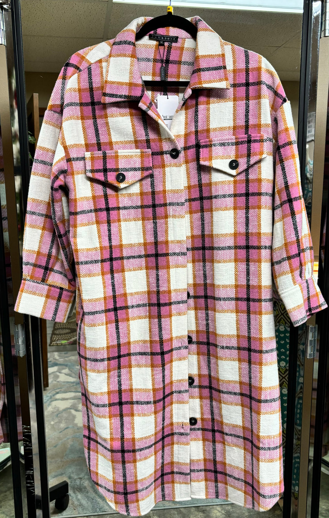 Fall Wear Pink Plaid Long Woman's Shacket Funsport Brand