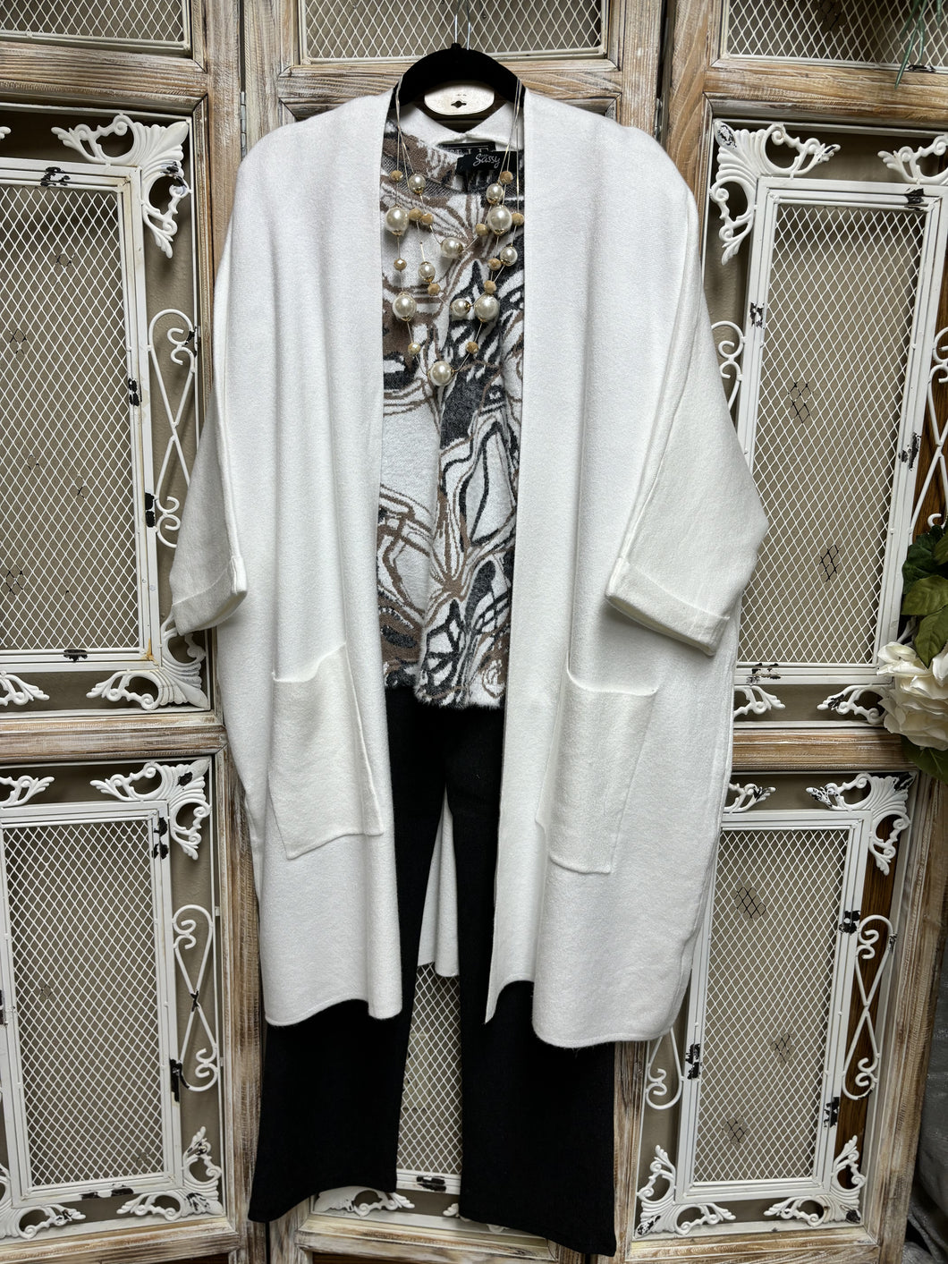 Long Ivory Open Cardigan 3/4 Sleeve Jacket Eternelle Brand