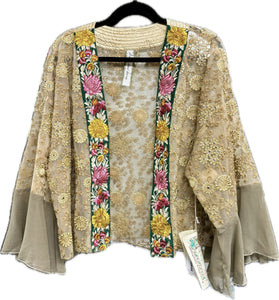 Lace Kimono Champagne Color with Floral Embroidery Accents One Size