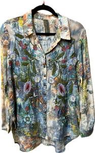 Aratta Floral Accent bluewash embroidered Blouse Shirt