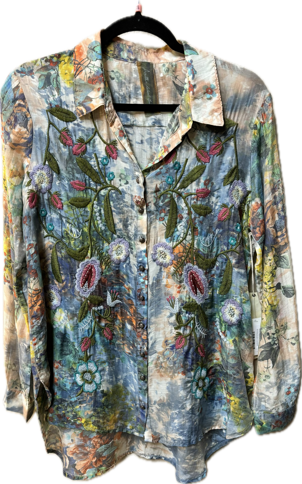 Aratta Floral Accent bluewash embroidered Blouse Shirt