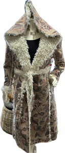 Faux Suede and Sherpa Dusty Floral Groovy Long tie-waist Coat Duster Reversible