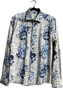 Men's Beige with Blue Pattern Long Sleeve Dress Shirt 7 Downie Street Brand