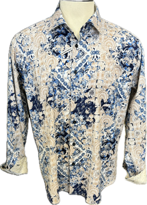 Men's Beige with Blue Pattern Long Sleeve Dress Shirt 7 Downie Street Brand