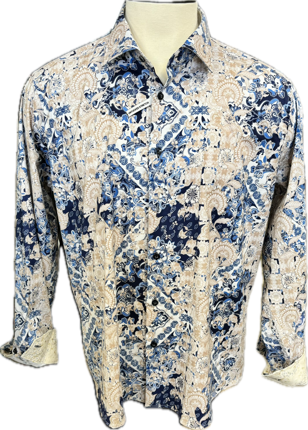 Men's Beige with Blue Pattern Long Sleeve Dress Shirt 7 Downie Street Brand