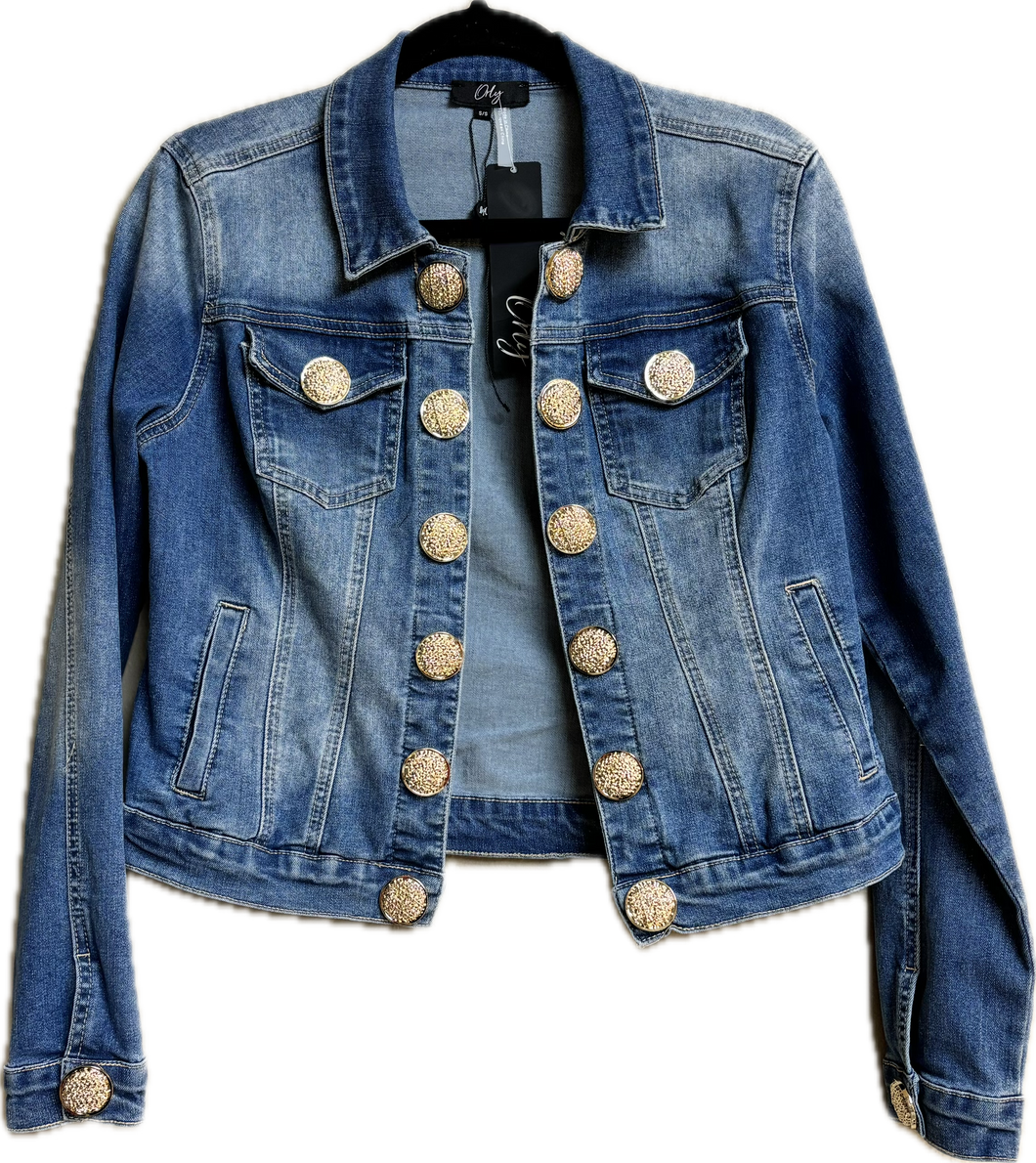 Orly Brand Woman's Denim Jean Jacket with Fancy Gold Button Detail