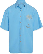 Load image into Gallery viewer, This is a slate blue color camp shirt that has an awesome palm tree embroidery that goes across the left chest and down the pocket. The trunk of the palm tree es elegantly stitched so that it peeks through the pocket pleat. This shirt is dressy casual. Perfect for leisure wear or party wear. 