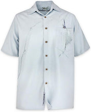 Load image into Gallery viewer, Chalk blue shirt sleeved campshirt with embroidery of sports fishing. THe sword fish is dimensional as it is stitched across the front pocket. The fishing pole itself is embroiered on the opposite side that extends to the swordfish. THere are also fish and fishing poles emroidered across the back so this shirt is a stunner from front to back. 