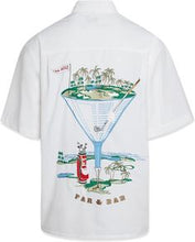 Load image into Gallery viewer, This is a classy white camp shirt with detailed embroidery on the back. The pictures is a martini glass that has a beach golf location uniquely designed to fill the glass. Leisure wear, golf wear, Hawaiian wear all in one. 