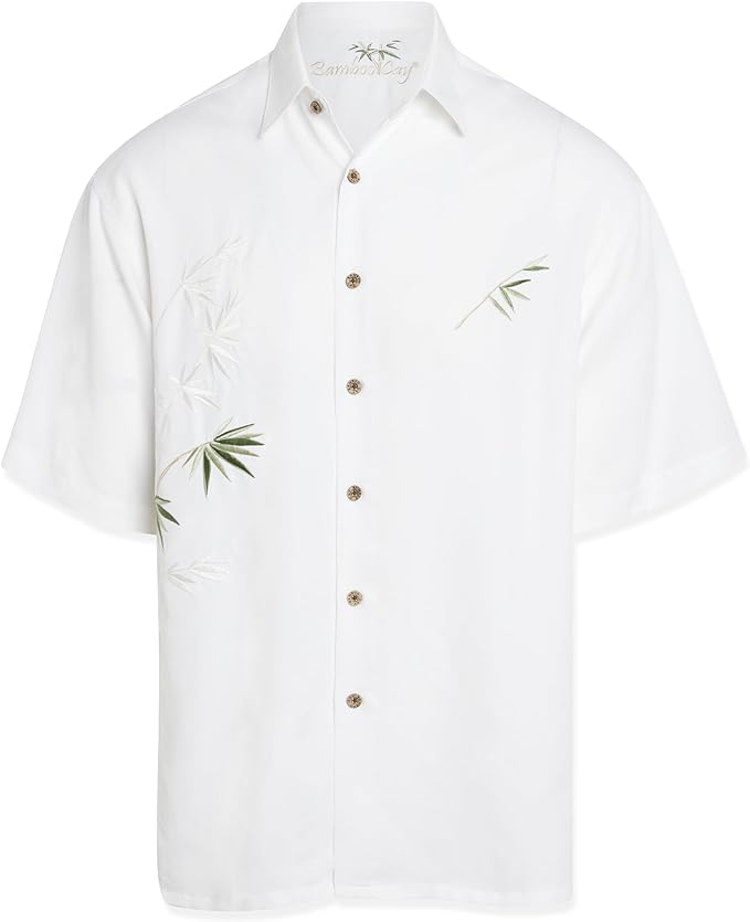 This off white camp shirt is a classic. It has embroidered flying bamboo stems and leaves design that adds a bit of  a Hawaiian look while still being dress casual. 