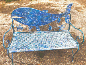 Metal Whale Bench | Nautical Bench | Whale designed bench | Free Shipping | Blue Vintage Look | Full Size | Coastal Iron Bench