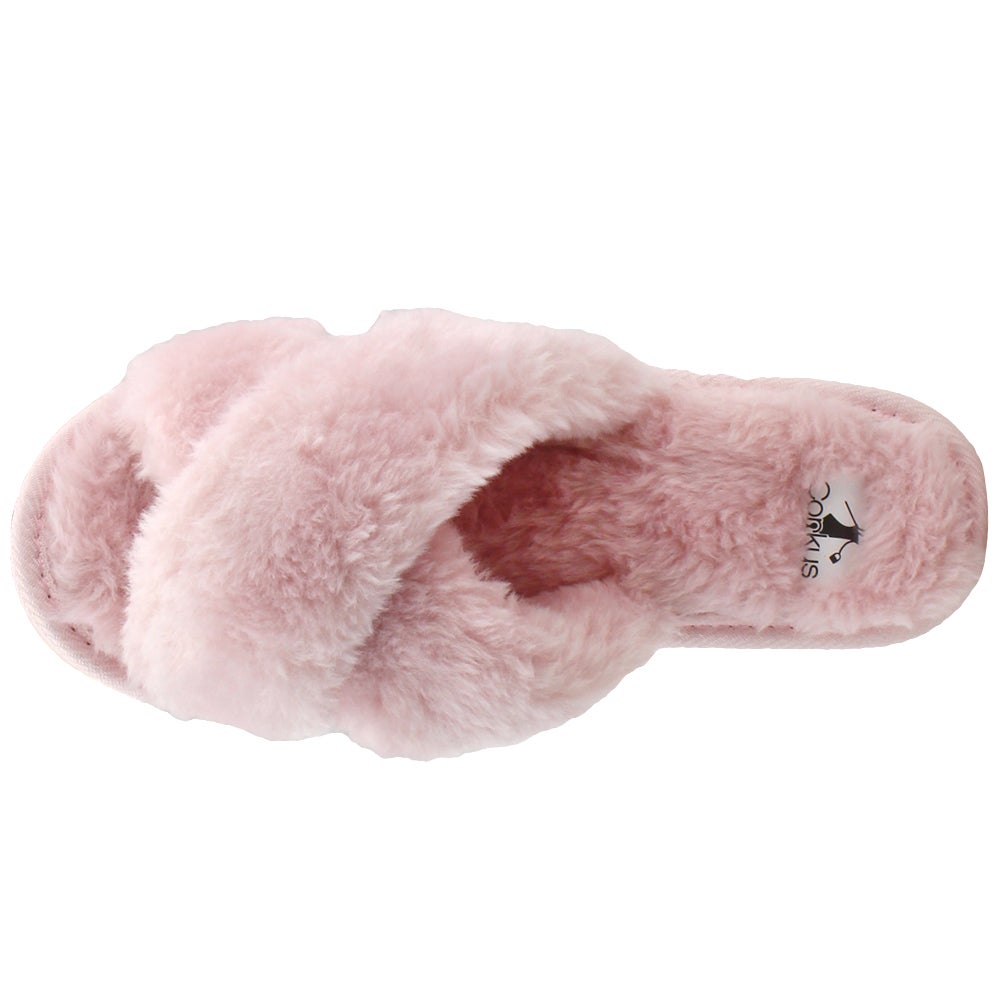 Women's Pink Faux Fur slipper | Soft and Comfy | Criss Cross | warm